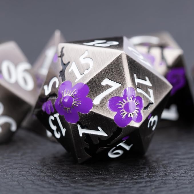 Black Metal DND Dice, Flower Metal D&D Dice Set with Gift Case for Dungeons and Dragon,7 PCS Solid Metal Dice for Tabletop Game(Antique Nickel-Purple)