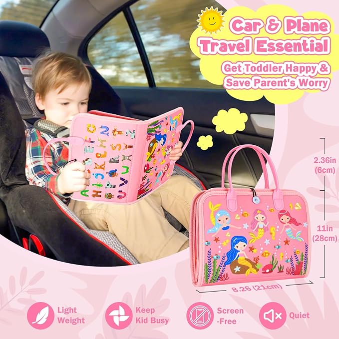 Busy Board Montessori Toys for 4 Years Old, Busy Book for Toddlers, Sensory Board Quiet Book Educational Activity Book for Toddlers 4-5, Toddler Travel Toys for Plane Car, Gifts for Boys Girls (Pink)