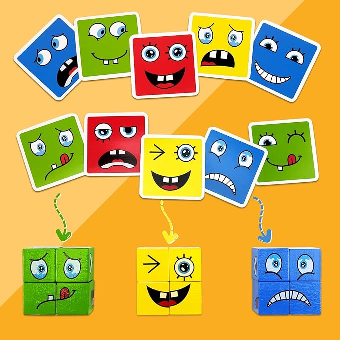 Xylolin Expression Puzzle Building Blocks, Wooden Face Changing Cube Building Blocks Toy with Bell and Sand Clock, Matching Board Games for Kids Ages 3 Years and up
