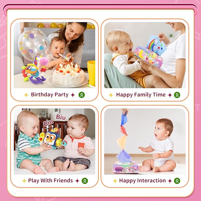 3 in1 Baby Toys 12 Months - Busy Board Sensory Toys, Tissue Box Toy, Pull String Teether, Learning Toy for Babies 12 18 Months, Baby Sensory Toys Gifts for 12 18 Months Old
