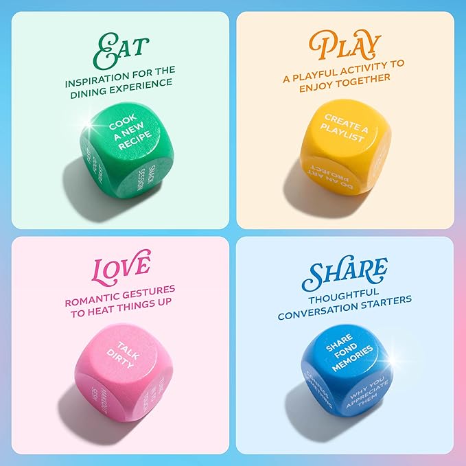 Let’s Get Deep® Date Night Dice by Relatable, Roll for 200+ Unique Date Night Ideas, Gifts, and Wedding Gifts For Couples, Includes 4 Custom Dice and Instructions, Designed For Couples Ages 18+