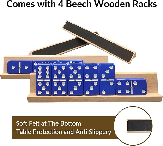 Dominoes Set for Adults with 4 Wooden Racks/Trays, Double Six Travel Portable Case 6 Tiles Holders, 28 Dominos Family Board Games - Blue