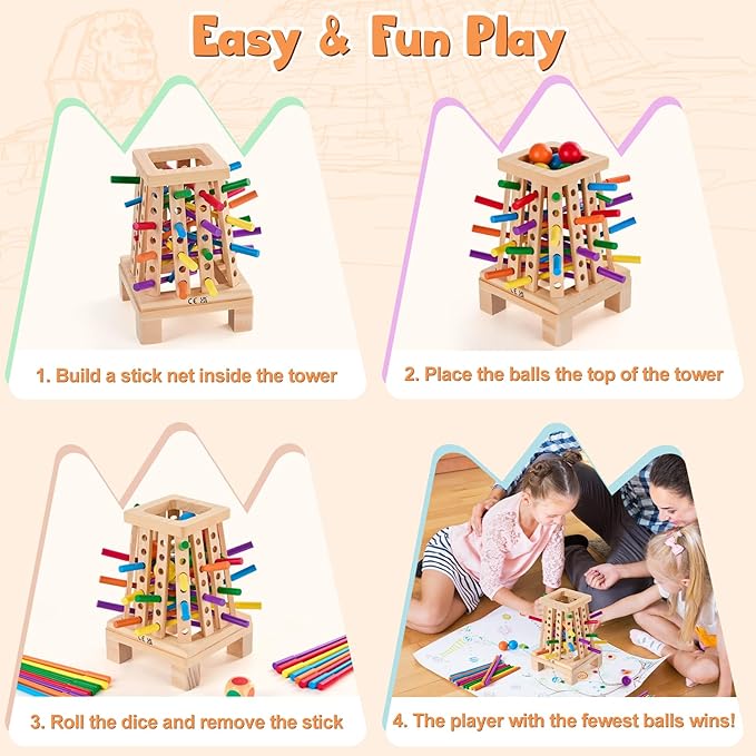 Montessori Board Game for Kids 4-6, Pyramid Wooden Sticks Dice Game, Math Educational, Fine Motor Skills Toy for 3+ Year Olds Girls Boys, Classic Table Game for Family Night