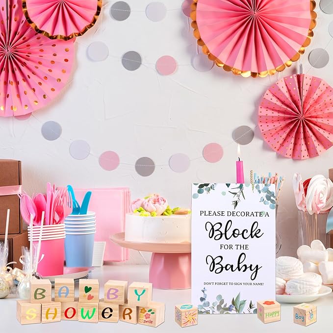craftshou 105 Pcs Baby Shower Games Gifts Set Including Decorate a Block Game Sign 80 Blank Wooden DIY Block 24 Acrylic Paint Marker Theme Baby Shower Prize Accessories