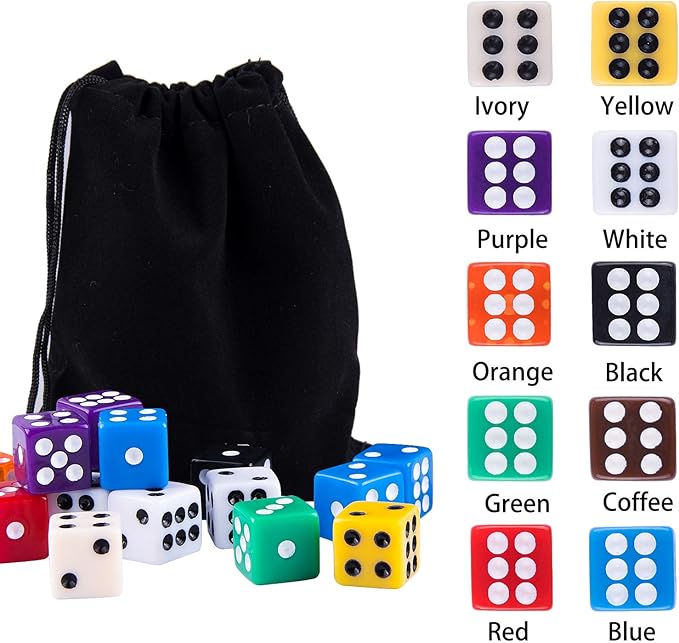 AUSTOR 100 Pieces 12mm Dices 6 Sided Game Dice Set Square Corner Dice with a Drawstring Pouch