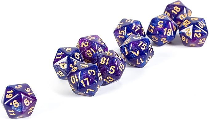 SmartDealsPro 10-Pack 20 Sided Dice D20 Polyhedral Dice for DND RPG MTG Table Game (Glitter Blue-Purple)