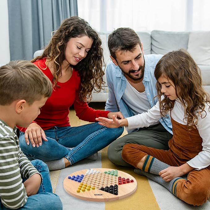 GSE Games & Sports Expert 15" Jumbo Oak Wood Chinese Checkers Board Game Set with Colorful Glass Marbles, Classic Strategy Family Board Game for Adults