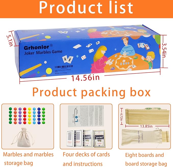 Marbles and Jokers Board Game Pegs and Jokers Real Solid Wood (Pine) Game Board Wooden for 2-8 Players 8 Game Boards 8 Colors 40 Marbles 4 Boxes Card