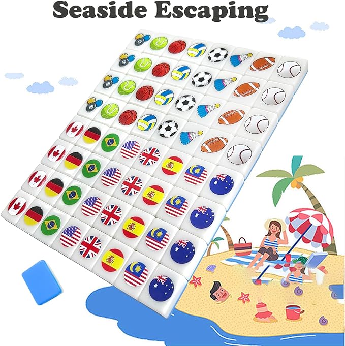 Seaside Escape Game Blocks， Mahjong Tile Game Sets with 65 Tiles 30mm Flag and Ball Pattern with Handbag for Spring Picnic Party Gift.