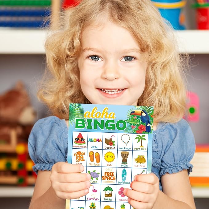 Luau Bingo Game for Kids 24 Players Hawaiian Aloha Tropical Summer Luau Party Games Favors Supplies