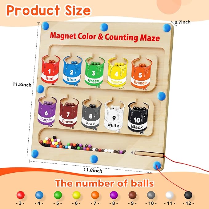 Magnetic Color and Number Maze, Montessori Toys for 3+ Year Old, Wooden Magnet Board Counting & Color Sorting Toddler Activities, Educational Fine Motor Skills Toys Gifts for 3-5 Years Old Boys Girls