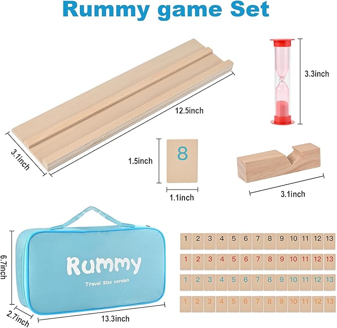 Wooden Rummy Cube Game with Portable Storage Bag, Travel Rummy Game Set with 106 Tiles, 4 Playing Rack, 1 Timer (2-4 Players)