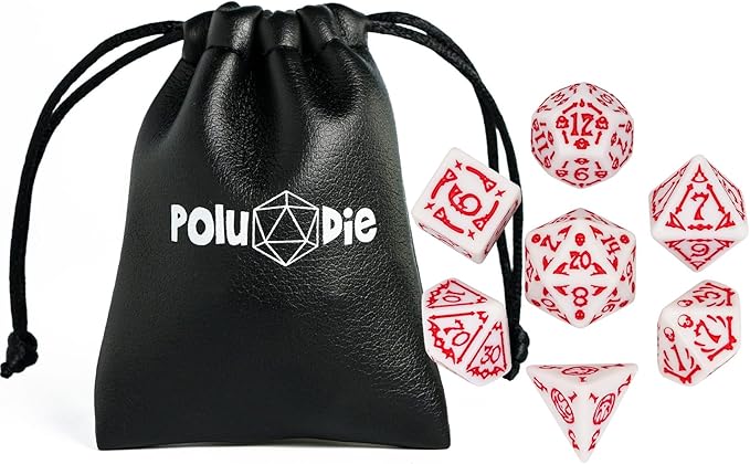 7-Die DND Dice Set Halloween Pattern Polyhedral Dice Set with Leather Bag, Skull Die D&D Die for Dungeons and Dragons RPG Table Games (Halloween Pattern-White/Red Number)