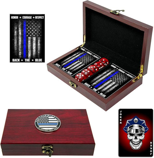 Military Gift Shop Police Officer Playing Cards & Dice in Wooden Keepsake Box - Thin Blue Line Flag - Police Officer Gifts | Police Card Set