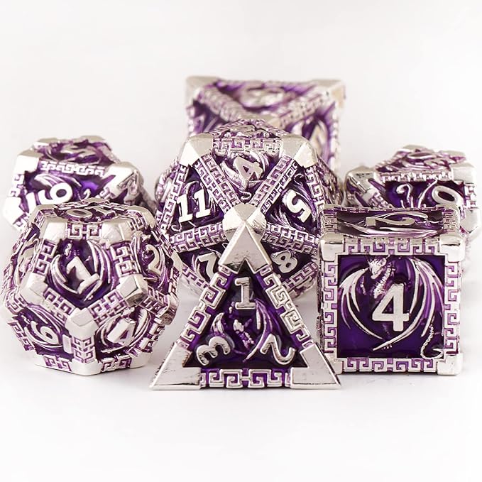 DND Dice Metal Dragon Set,Unique Dragon Design Dice with Gift Dice Bag for Dungeons & Dragon Games,Magic The Gathering,D and D D&D Dice Set (Silver Purple)