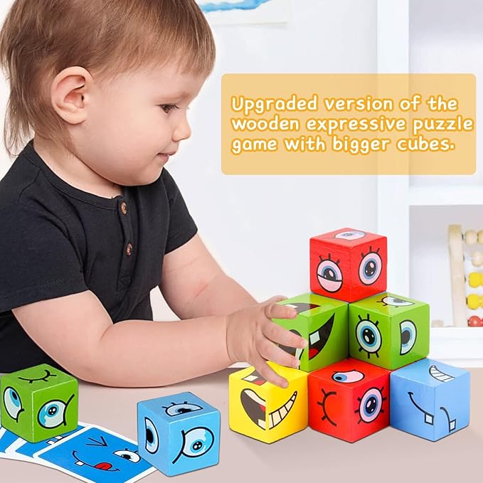 Xylolin Expression Puzzle Building Blocks, Wooden Face Changing Cube Building Blocks Toy with Bell and Sand Clock, Matching Board Games for Kids Ages 3 Years and up