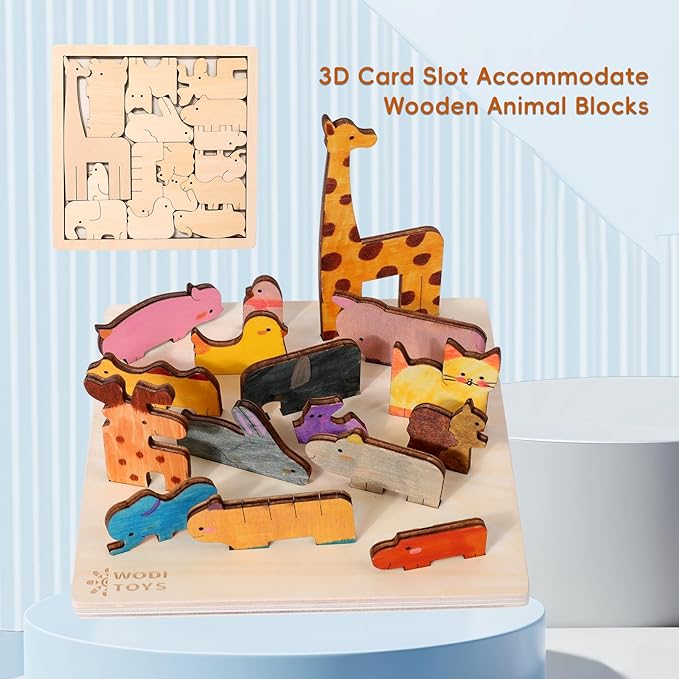 WODI Wooden Animal Puzzle Matching Game Montessori Toys for 3+ Year Old Puzzle for Toddlers Paint Your Own Animal Blocks with 12 Colored Pens Open Ended Toys Gifts for Kids