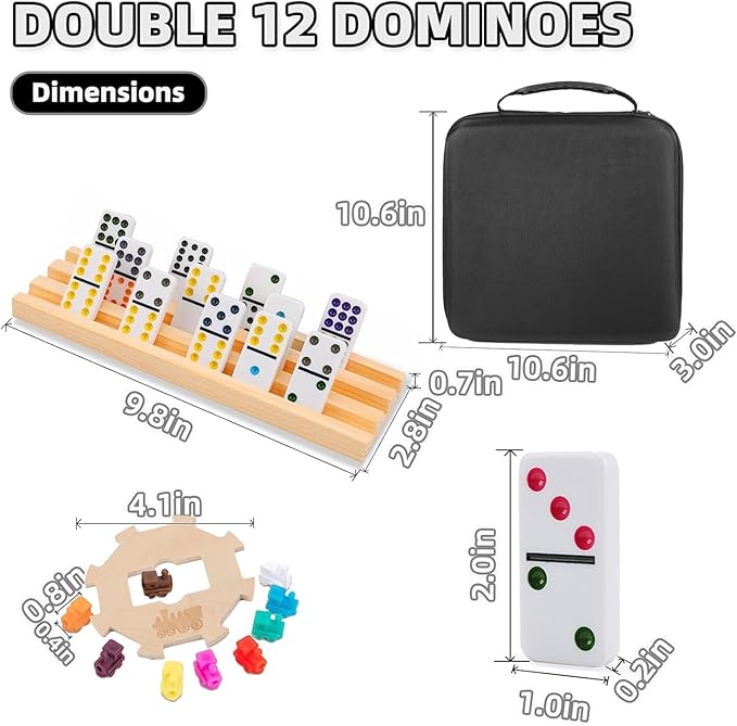 Mexican Train Dominoes Set with 6 Wooden Racks, Double 12 Colored Dot Dominoes with Update Hub, Travel Train Game with 91 Tiles and Portable Carry Case, Family Board Team Games