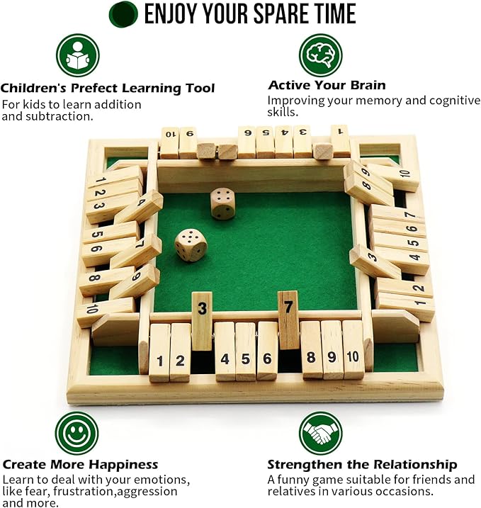Dice Game Shut The Box Game Wooden Board Game with 10 Dices,a Classic 4 Sided Family Math Game for 2-4 Players Dice Board Game Shut-The-Box(Kids or Adults)