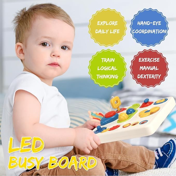 Montessori Busy Board Toy for 1-2 Year Old, Toddler Busy Toys with Music&Light, Busy Board for 1 Year Old,Toddler Educational Toys, Preschool Learning Activities Travel Toy for 1 2 3 4 Boys&Girls