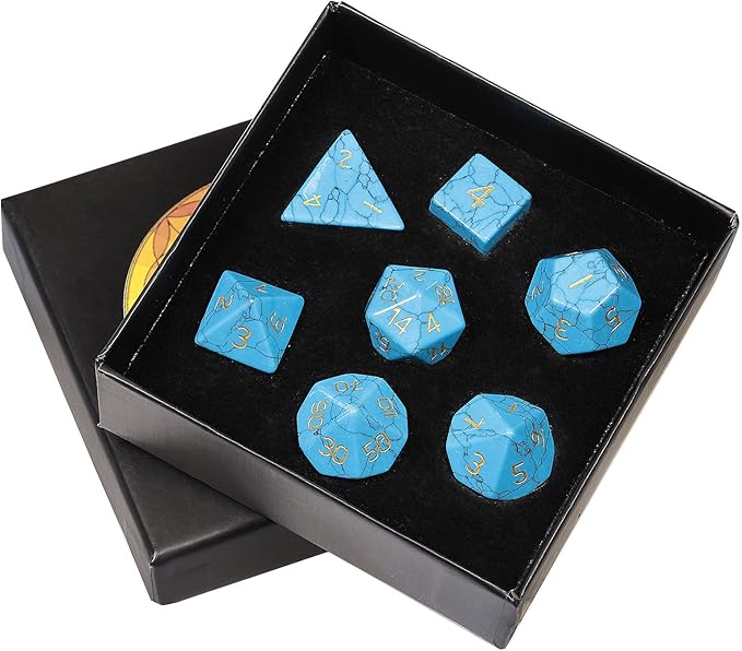 TUMBEELLUWA Engraved Crystal Stone Polyhedral Dice Set for RPG MTG Dungeons and Dragons Table Game 7 Pieces DND Board Game Dices with Pouch, Blue Howlite Turquoise