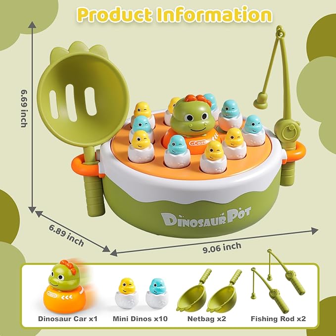 4-in-1 Dinosaur Pop Up Board Games for Toddlers, Magnetic Fishing Game Tic Tac Toe Bowling Toys, Rotate Music Dino Bounce and Catch Game, Family Games for Kids 3-5 4-8 Boy Girl