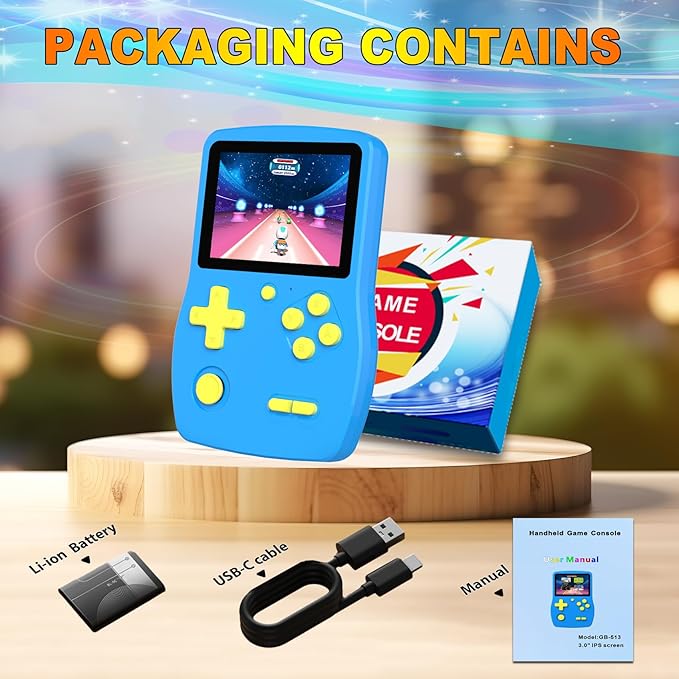 32 Bit Handheld Games for Kids,3.0'' IPS Screen and Built in 139 Video Games,Rechargeable Portable Electronic Gaming System Toys for Ages 4-14,Boys Girls Xmas Birthday Gift (Blue)