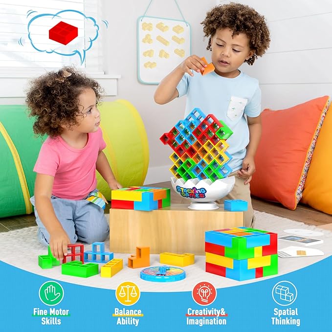 70Pcs Tetra Board Game for Adult & Kids 4-8 8-12, Team Building Blocks Stack Attack Game, Stacking Balance Toy for Family Friend Easter Basket Stuffers