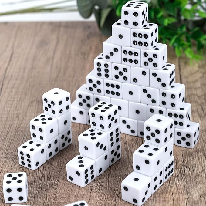 100 Pack 16MM White Dice - Six Sided Standard Opaque White Dice with Black Pips Dots for Board Games (100 Pack)