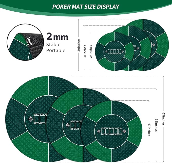 nuveti 24/31/47/55/63inch Round Poker Mat for Texas Holdem | Portable Poker Table Top with Art Deco Layout Print 6-8 Player Game Layout Mat to Play Cards, Poker Games, Blackjack, Casino