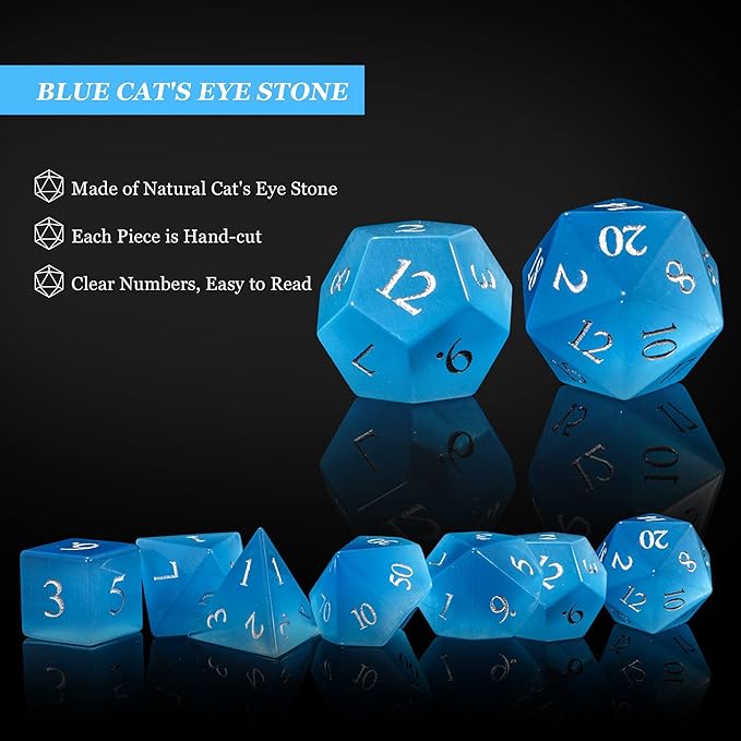 UDIXI Gemstone DND Dice Set 7PCS Stone D&D Polyhedral Dice for Dungeons and Dragons Table Games (Blue Cat's Eye)