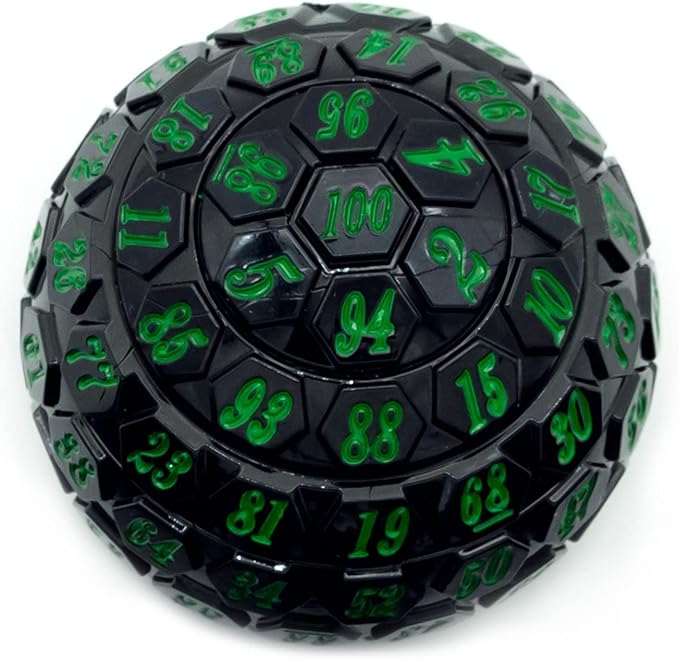 100 Sided Polyhedral Dice, Single D100 Game Dice, 100 Sided Cube with Black Pouch, D100 die 48 mm (Black with Green Number)