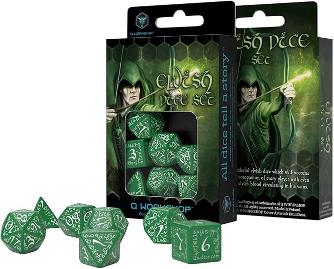 Q-Workshop Elvish Dice Green and White - Set of 7 Dice