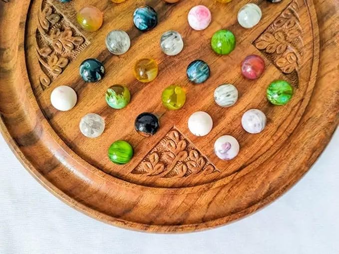Acacia Wood Solitaire Handmade Board Game | with Multi Color Marble Balls Vintage Indian Design Game for Senior Adult Play Table Home Decor Wooden Game