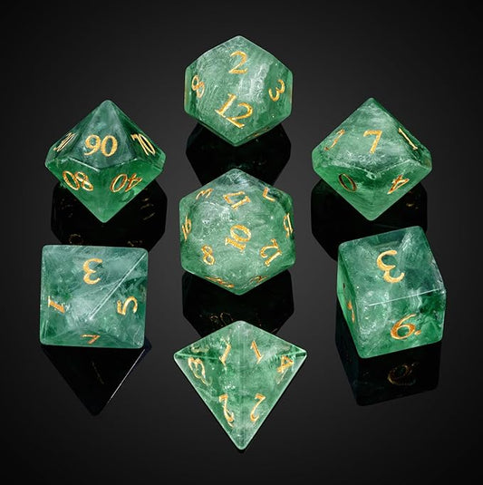 UDIXI Natural Gemstone Dice Set 7PCS Green Fluorite Crystal Stone DND Dice with Gift Case for Dungeons and Dragons Role Playing Games and Other Tabletop Games