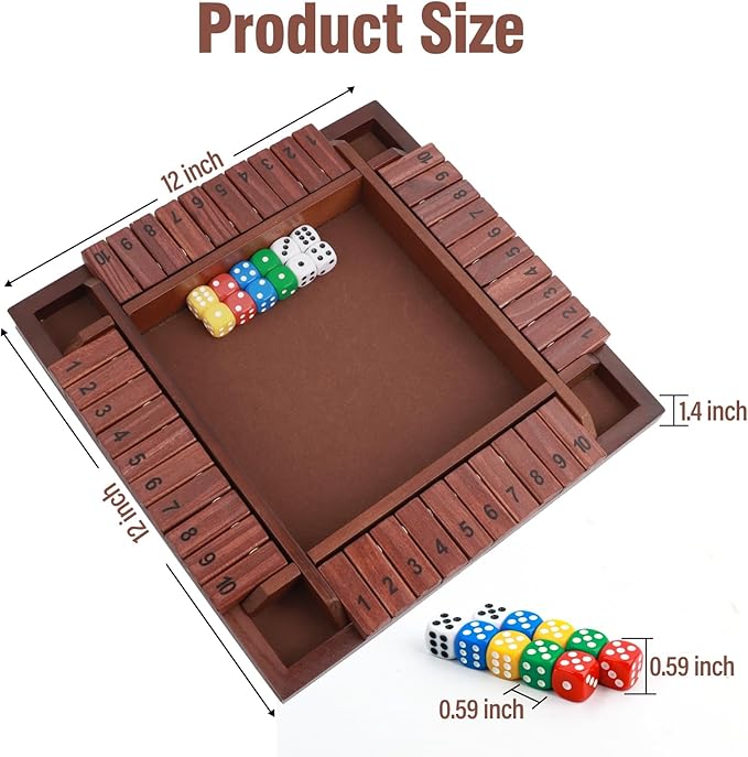 MerryPony Shut The Box 4 Player Wooden Board Game - 12 Inch With 10 Numbers and 12 Dice, Classic Family Tabletop Math Game for Adults & Kids, Pub Classroom Party
