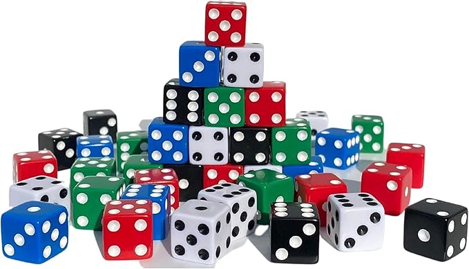 MR CHIPS D6 Standard 16 mm Opaque Dice with Pip Dots - 100 Pack - 5 Color Mix