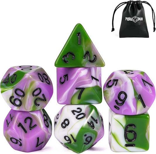7-Die DND Dice Set Polyhedral Dice Set with a Leather Dice Bag, D&D Dice Set for Dungeons and Dragons, RPG, MTG Table Games (Tricolor GPW)