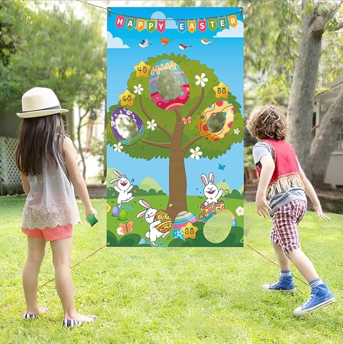 Upgraded, Easter Games, Funny Bunny Egg Toss Game, with 4 Bean Bags, Premium Banner and Accessories, Easter Party Games for Kids Adults Family Outdoor, Party Activities Supplies