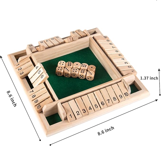 AMEROUS 1-4 Players Shut The Box Dice Game,Classic 4 Sided Wooden Board Game with 10 Dice and Instructions for Kids Adults, Tabletop Version
