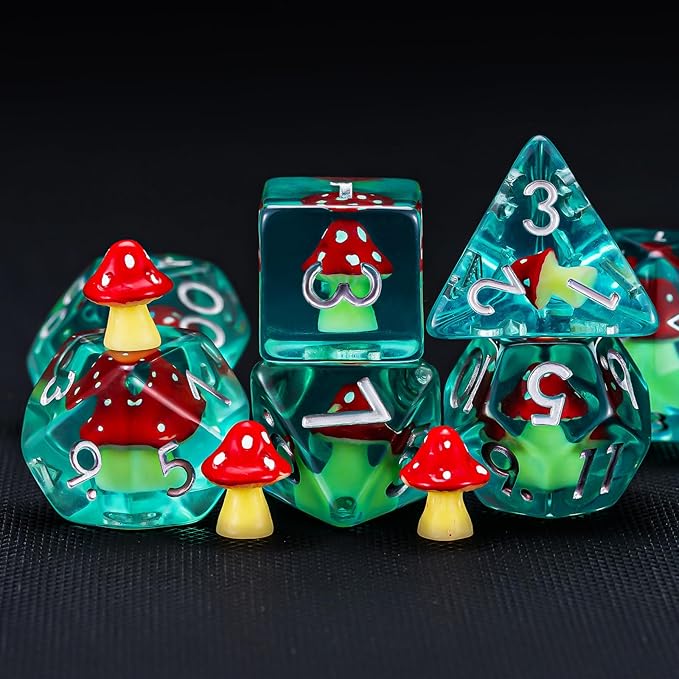 DND Resin Mushroom Dice Set, D&D Polyhedral Dice for Dungeons and Dragons RPG, MTG Role Playing Games D and D Dice 7pc D20 D12 D10 D8 D6 D4