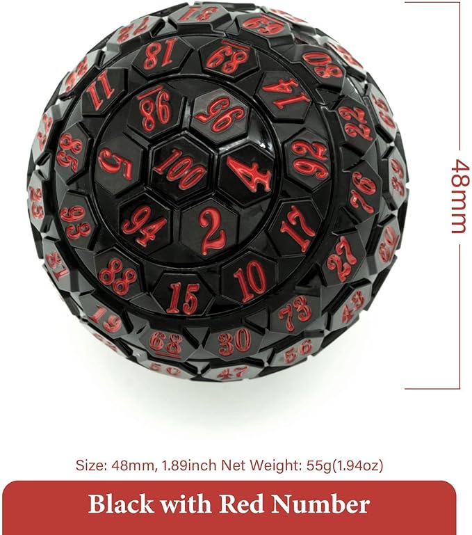 100 Sided Polyhedral Dice, Single D100 Game Dice, 100 Sided Cube with Black Pouch, D100 die 48 mm (Black with Red Number)