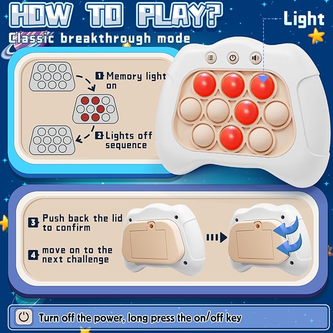 Quick Push Game，Pop Game Fidget Toys, Fast Push Bubble Game, Handheld Puzzle Game Sensory Toys ，Light Up Push Pop Game for Kids 3-12 Girls and Boys Teens Adults Decompression (White)