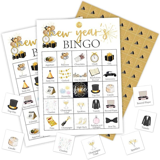 Ziyouza New Year’s Bingo Games Cards, New Year Winter Party Bingo, 24 Players Bingo Games for Family Party Outdoor Trip Activity