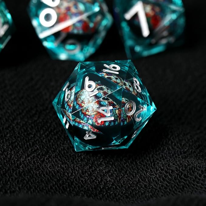 Skull D&D Dice Set with Sharp Edges, Resin Polyhedral 7pcs Dice for Dungeons and Dragons RPG, Gift Dragon Eye Bag (Green Silver)