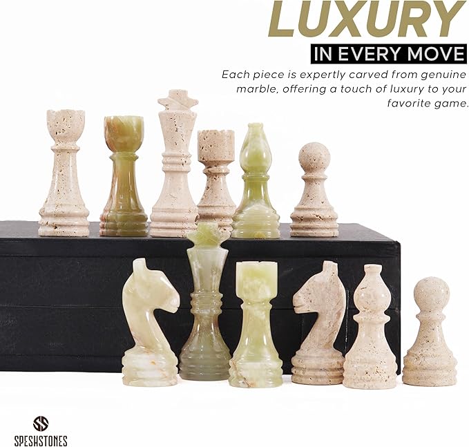 Marble Chess Set 15 Inch Travertine & Green Checkers Board Game with Pieces, 2 Extra Queens and Storage Box, Strategy Set for Adults & Family, Travel, Tabletop Play