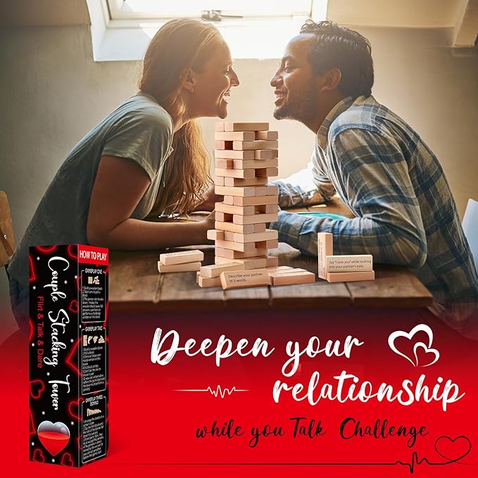 Super Fun Couples Tumble Tower Game for Grown Ups, 54pcs Exciting Date Night Stacking Wooden Blocks Talking Challenge Dare Romantic Anniversary Games for Your Partner, Only Adults 17+