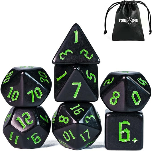 7-Die DND Dice Set Polyhedral Dice Set with a Leather Dice Bag, D&D Dice Set for Dungeons and Dragons, RPG, MTG Table Games (Black)