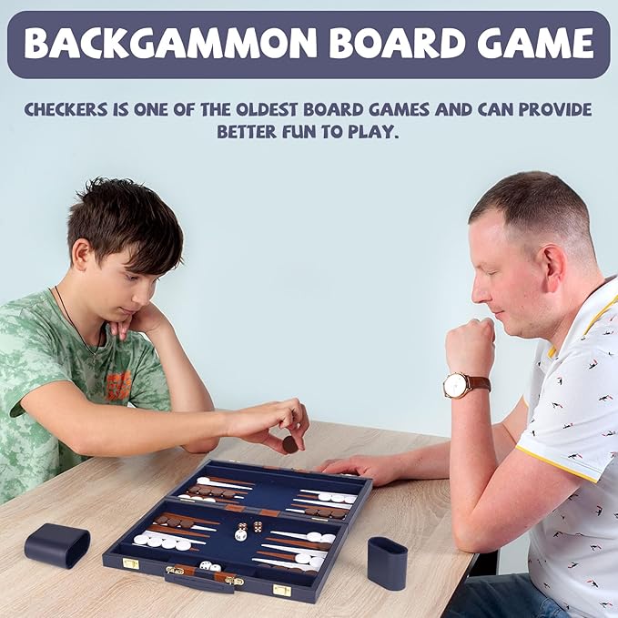 15 Inch Backgammon Sets for Adults ，Classic Family Board Game with Premium Folding Leather Backgammon Case, Portable Travels Strategy Backgammon Game Set