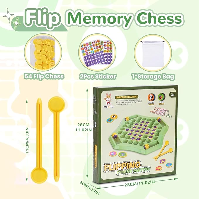 54PCS Flip Chess Memory Game, 2025 Fruit Flip Chess Board Game, Memory Checkerboard Over Card Board, Double Cartoon Pattern Matching Memories Game for Kids & Adults